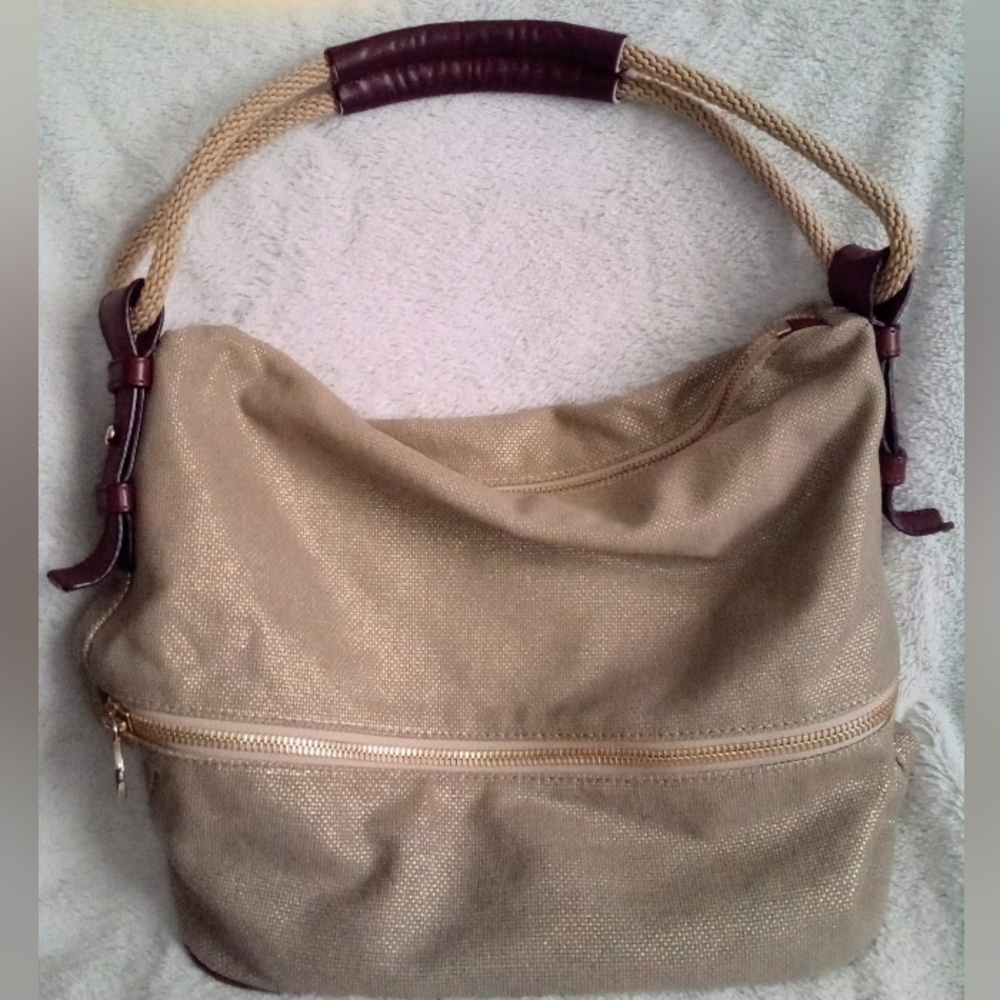 Michael Kors Marina Gold Metallic Linen Large Satchel w/ Rope & Leather Handles